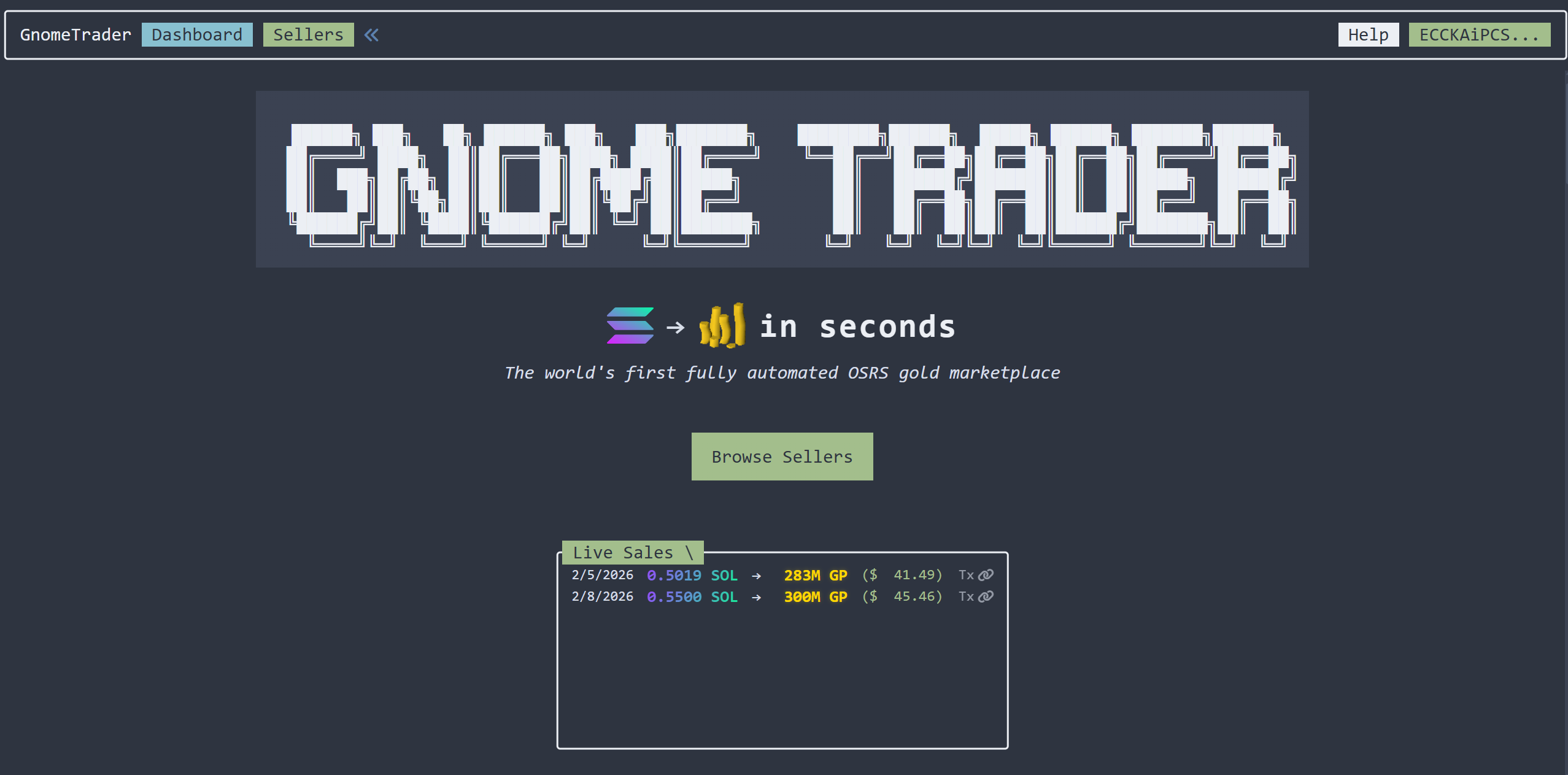 Gnome Trader landing page with live sales feed
