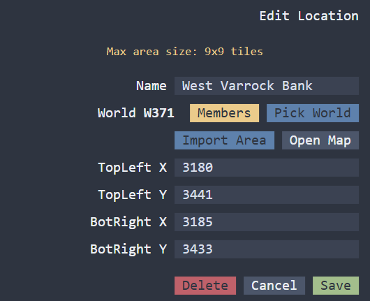 Edit location dialog with world, name, and trade area coordinates