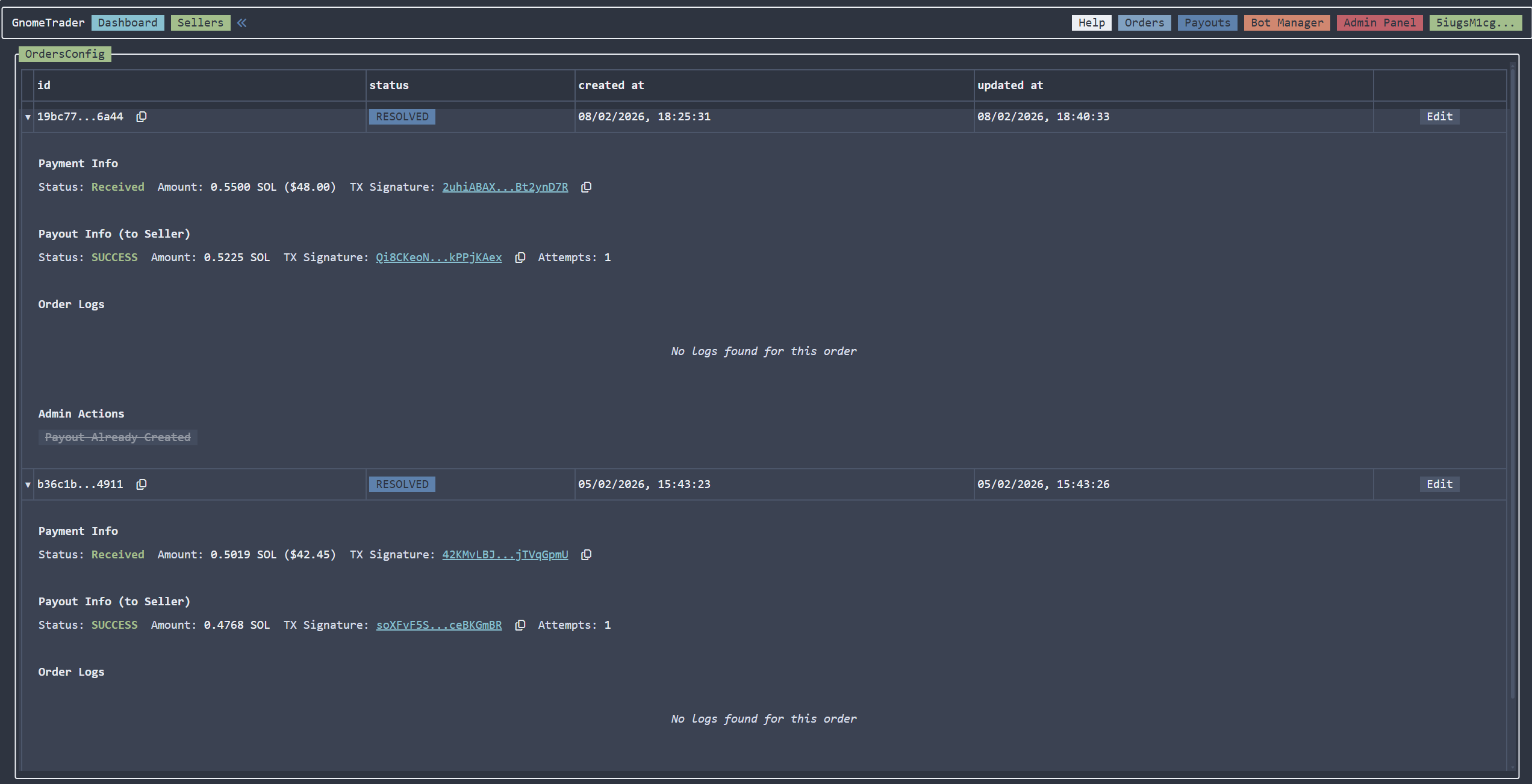 Admin orders view with payment, payout, and order log per order