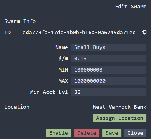 Edit swarm dialog with name, price, min/max, level cap, and location