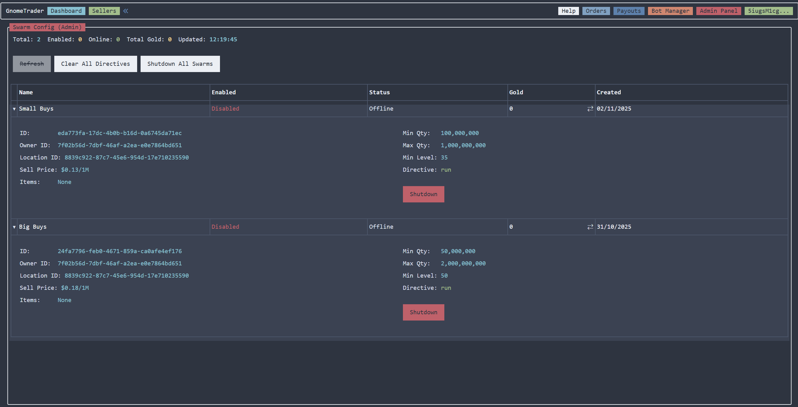 Swarm configuration list with directives, statuses, and quantities
